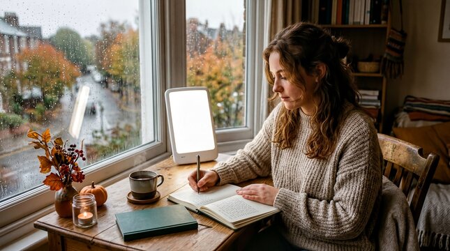 cozy indoor activities, a woman in a cozy sweater journals by a rainy window with a sad lamp
