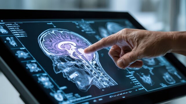 Doctor's hand points to detailed brain scan on monitor during medical diagnosis in clinic with selective focus