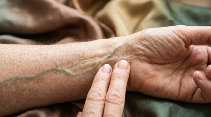 Fototapeta premium Close up of a healthcare professional checking the pulse of a senior patient. Medical examination of an elderly person's wrist. Geriatric nursing and vital signs monitoring