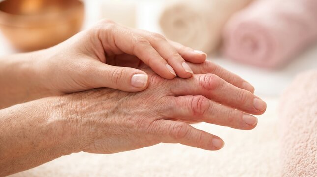 Close up of senior hands with inflamed joints. Arthritis and rheumatism pain management. Therapeutic touch and medical care for swollen knuckles