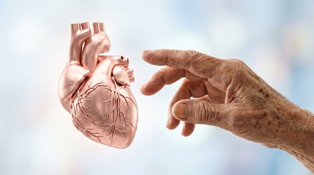 Wrinkled hand of an elderly person reaching towards a floating metallic 3D heart model. Senior health and cardiology concept