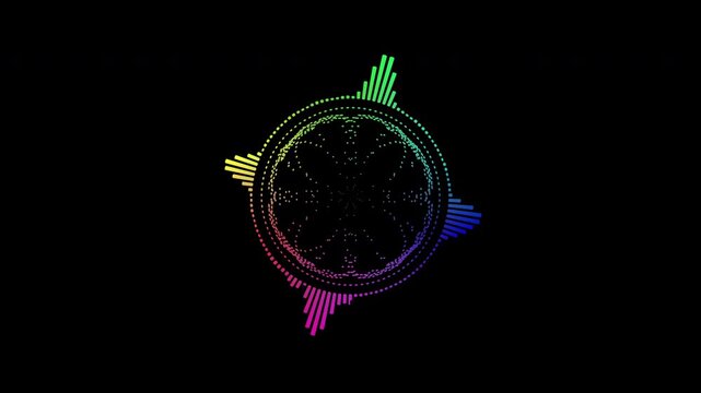 Colorful circular interface audio voice music sound spectrum equalizer, 4k footage, sound waves animation on black and white background.