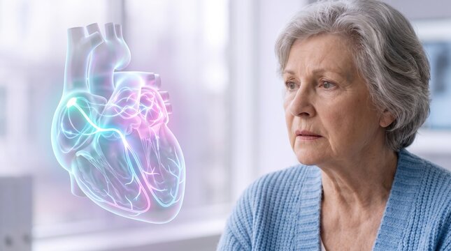 Senior woman with 3D heart illustration showing atrial fibrillation. Elderly female patient and graphic of abnormal electrical conduction pathways. Cardiovascular health concept