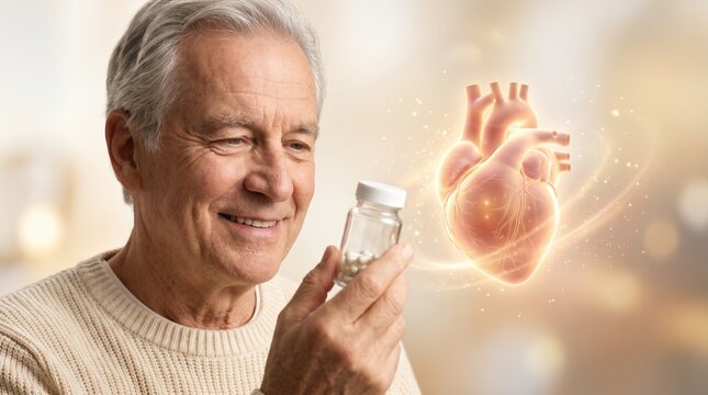 Smiling senior man holding a pill bottle next to a glowing golden heart model. Elderly medication and cardiovascular health concept