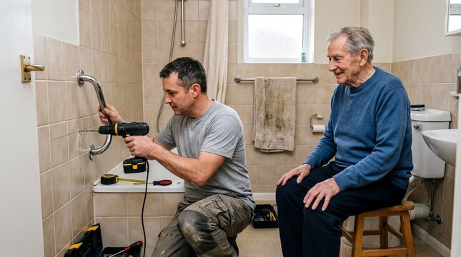 aging in place solutions, a son carefully installs grab bars in his fathers bathroom for safety