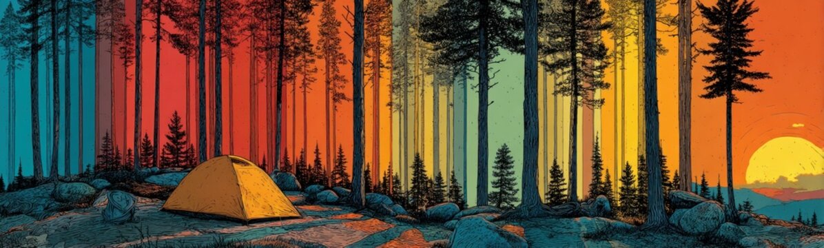 Tent in the middle of a forest with a sunset in the background banner