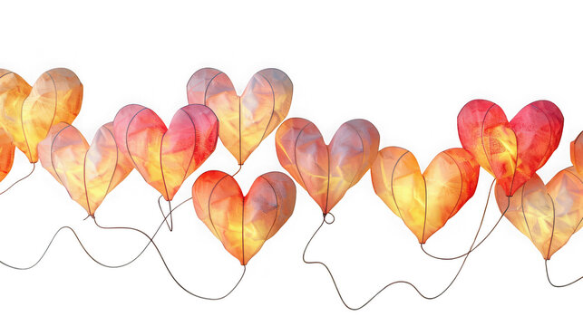 Row of glowing heart shaped lanterns hanging on string lights isolated on transparent background