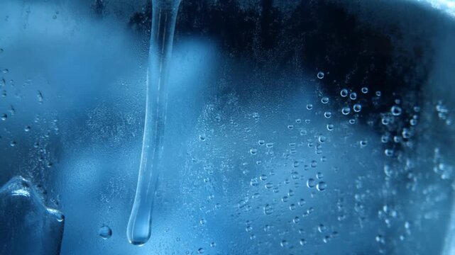 Slow motion close up of water droplet elongating and sliding down icy glass surface in cold blue environment