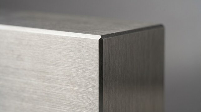 Macro view of the sharp corner of a brushed metal block on a grey background, industrial design, metallic texture.