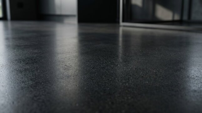 Low angle view of a polished dark concrete floor in a modern interior, architectural detail, modern living.