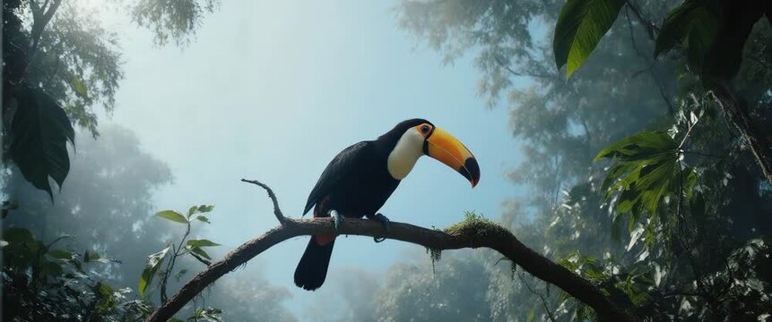 Toco Toucan in Misty Jungle Canopy