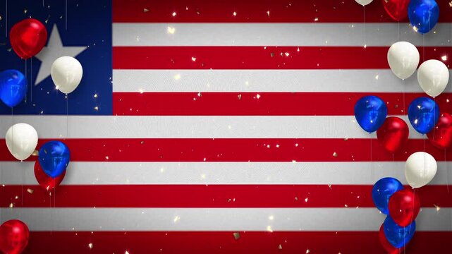 Looping 4K video. Liberia flag background. A vibrant animation for anniversaries, National Day, celebrations, events, and more. Sparkling confetti, red, white, and blue balloons. copy space. liberia