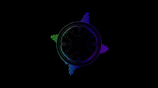 Colorful circular interface audio voice music sound spectrum equalizer, 4k footage, sound waves animation on black and white background.