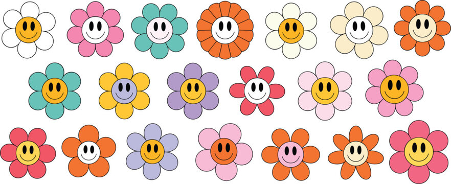 Retro smiley face flowers pattern colorful 70s style floral design