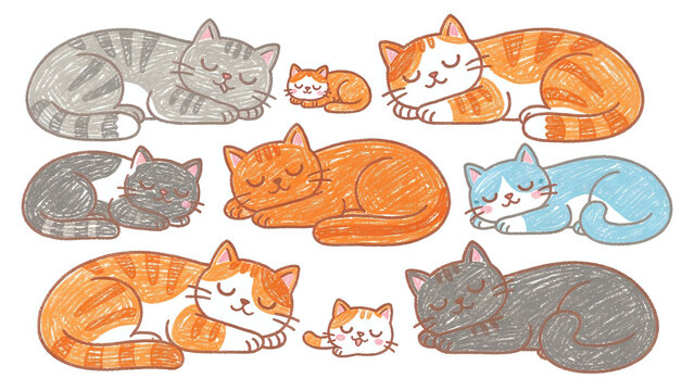 Adorable collection of sleeping cats in various colors and sizes, from large to tiny kittens, depicted in a charming illustration
