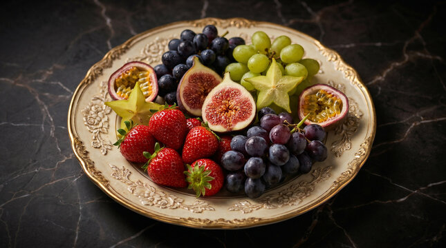 Top view of a premium fresh fruit selection beautifully arranged on an ornate gold-trimmed plate. Appetizing professional commercial food photography for luxury catering.