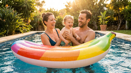 Obraz premium Happy parents and child having fun with a floatie in a garden swimming pool. Joyful family enjoying sunny summer holidays. Professional commercial lifestyle photography.