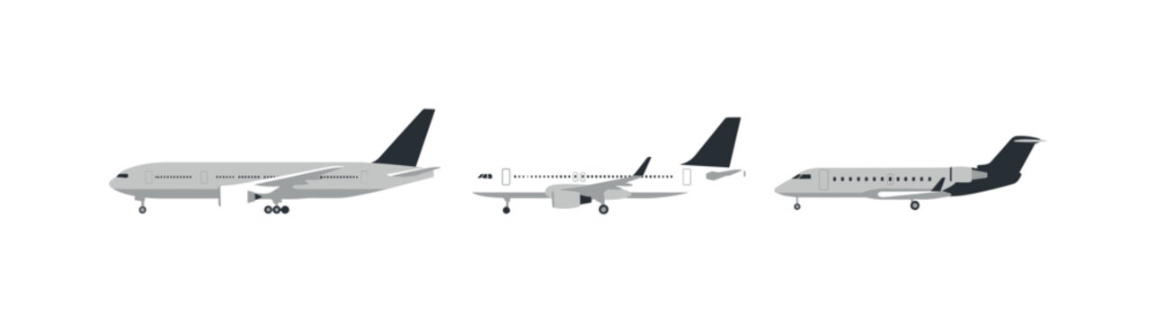 Passenger airplane icon set with three aircraft side views in gray and white variations with dark tail accents, airplane, aircraft