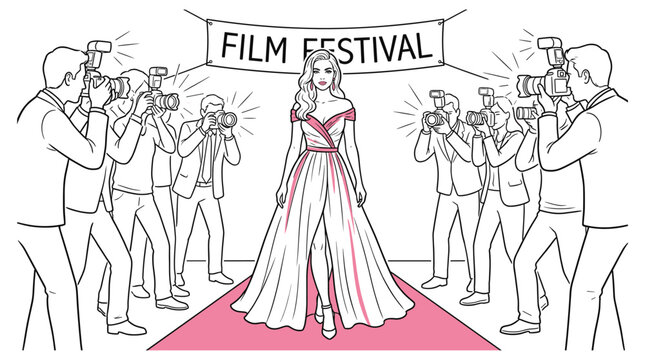 A woman in a white and pink dress walks down a red carpet as photographers take her picture at a film festival
