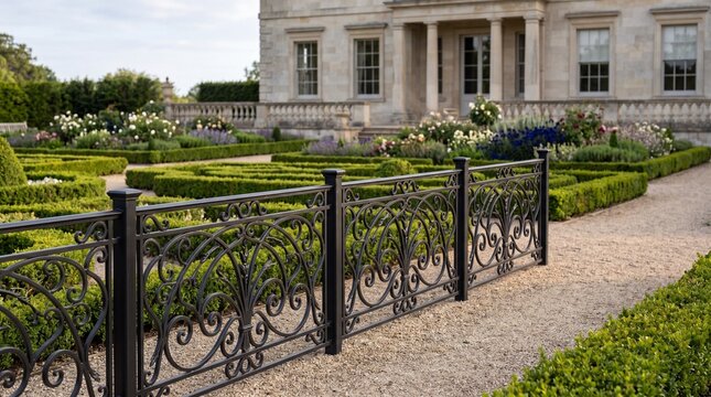 Wrought iron fence, Formal garden boundary, Decorative curved metalwork, Classic architectural detail, Refined exterior photo