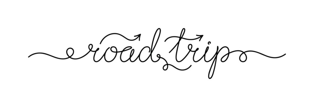 Minimal continuous line road trip wordmark with flowing travel-inspired baseline and delicate handwritten script, road trip,