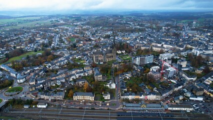 Obraz premium An panoramic aerial view of the old town city Arlon in Belgium on a cloudy afternoon in autumn.. 