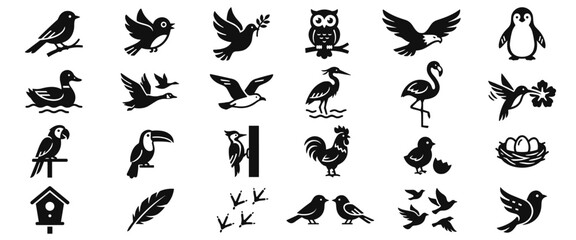 Obraz premium Bird icon set featuring various species such as owls, ducks, flamingos, parrots, and penguins, along with nests, feathers, birdhouses, and footprints