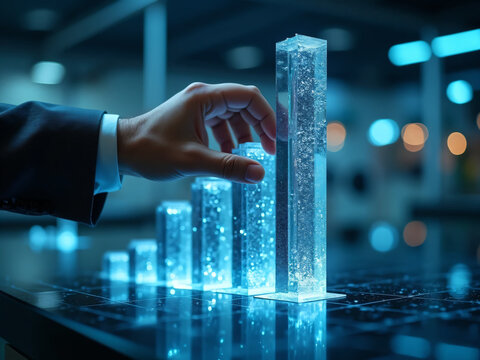 a professional hand in a tailored grey suit sleeve, reaching out to gently touch a single towering, transparent crystal bar