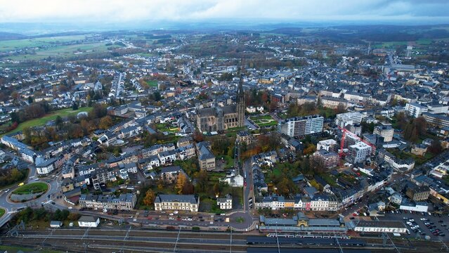 An panoramic aerial view of the old town city Arlon in Belgium on a cloudy afternoon in autumn.. 