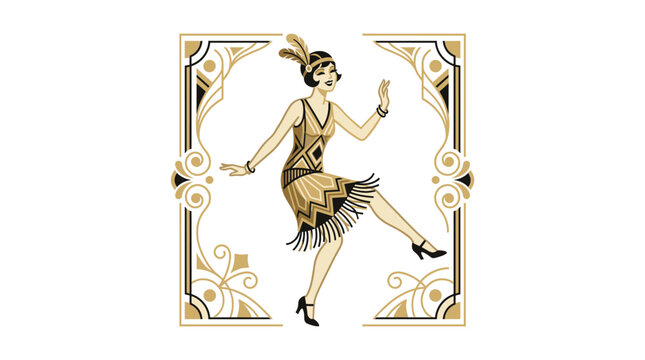 A woman in a 1920s flapper dress dances within an ornate gold frame