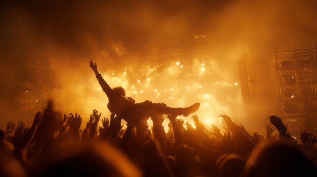 An audience enjoys a rock concert with a fan crowd surfing in the foreground. 