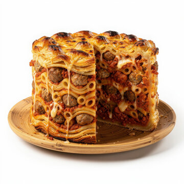Timballo di Maccheroni Pasta Pie Isolated on White Background Square Composition Studio Shot