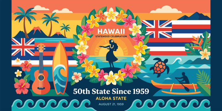 Hawaii Statehood Day emblem with hula dancer silhouette framed by plumeria lei wreath, island flags, surfboard, ukulele, volcano and outrigger canoe on glowing sunset ocean,festive Aloha banner design