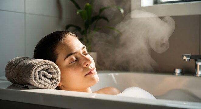Relaxing bath with tranquil woman enjoying steam and bubbles in white bathtub. Bath includes soft towels, calming plants, and soothing atmosphere, perfect for relaxation and stress relief.