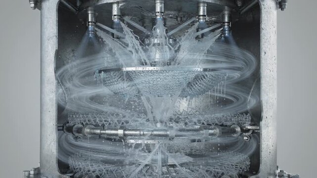 Closeup medium shot of a spray tower scrubber unit dispersing liquid droplets to cleanse gaseous emissions highlighting the cascading liquid spray and internal flow dynamics