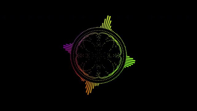 Colorful circular interface audio voice music sound spectrum equalizer, 4k footage, sound waves animation on black and white background.