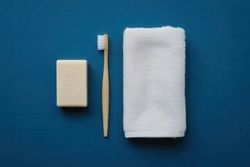 Obraz premium A still life of a bar of soap, toothbrush, and towel on a blue surface