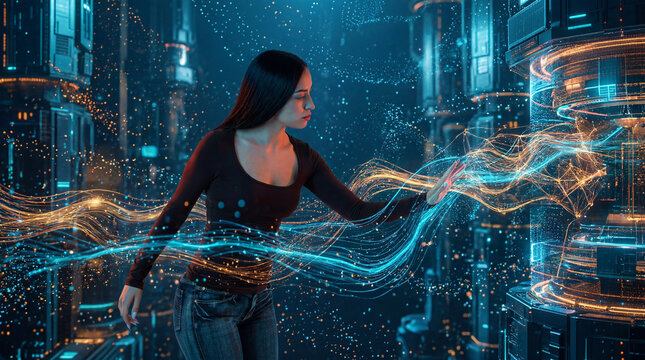 Data flow infrastructure monitored by professional woman