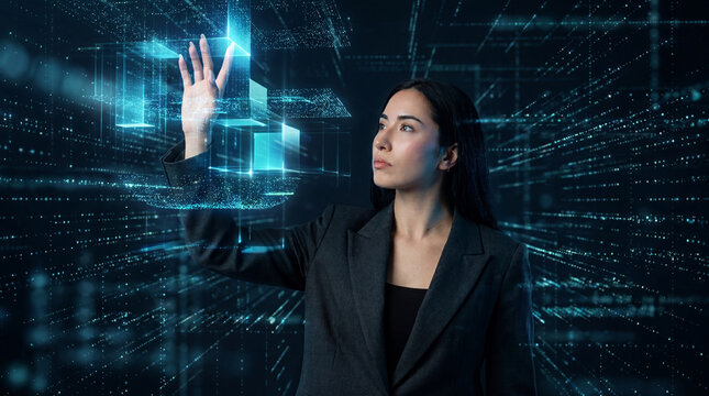 Digital twin model examined by executive woman
