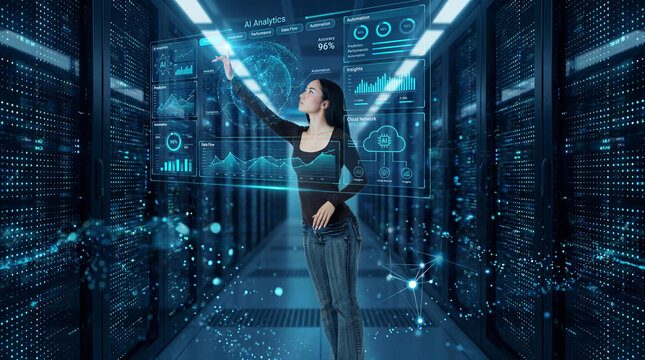 AI analytics dashboard used by professional woman