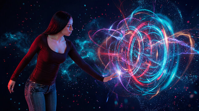 Professional woman interacting with energy vortex