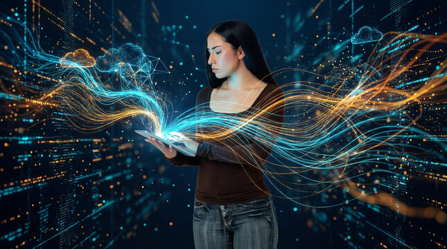Cloud data streams managed by professional woman