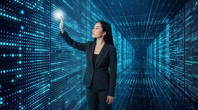 Digital corridor explored by executive woman