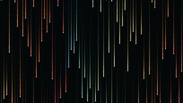 Abstract digital rain of colorful light streaks falling down on a dark background, futuristic technology concept