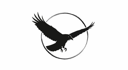 Obraz premium Black raven silhouette soaring in a circle against white background simple design