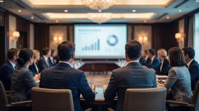 Business professionals attentively watching a presentation in a conference room screen