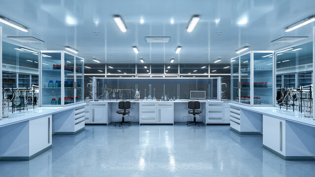 Modern scientific laboratory interior with advanced equipment, computers and research workstations, medical and pharmaceutical lab environment. 3D illustration