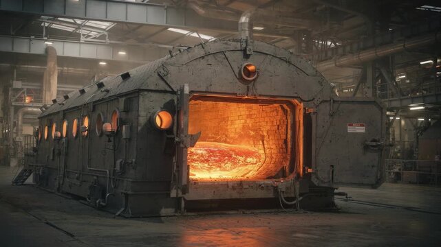 Medium shot capturing a reverberatory furnace with a spacious design highlighting the gentle heating and molten copper shimmering inside the smelting chamber