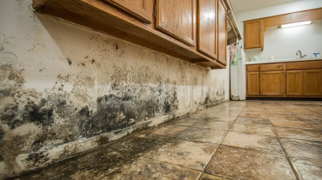 Black mold growth on a damp kitchen wall under wooden cabinets.