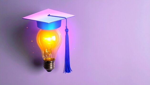 Glowing light bulb with graduation cap, symbolizing knowledge, innovation, education, and digital enlightenment through connected ideas.